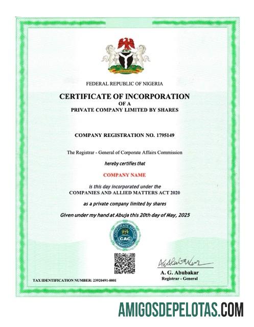 Modelo realista de certificado de incorporação da Nigéria em Word e PDF